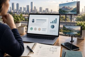 Billboard lead quality review concept with laptop charts and a planning notebook