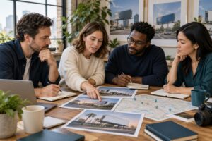 OOH campaign debrief with a team reviewing billboard photographs and a route map