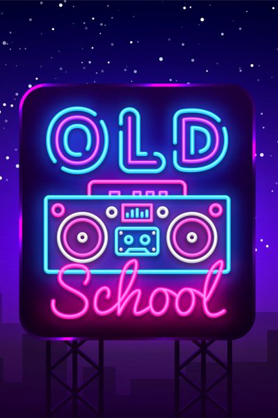 Old School neon sign vector. Retro Music Design template neon sign, Retro Style 80-90s, celebration light banner, tape recorder neon signboard, nightly bright advertising. Vector. Billboard.